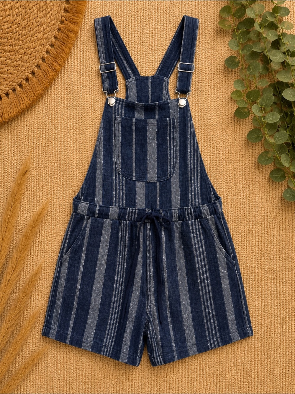 No Boundaries Navy & White Striped Short Overalls Romper